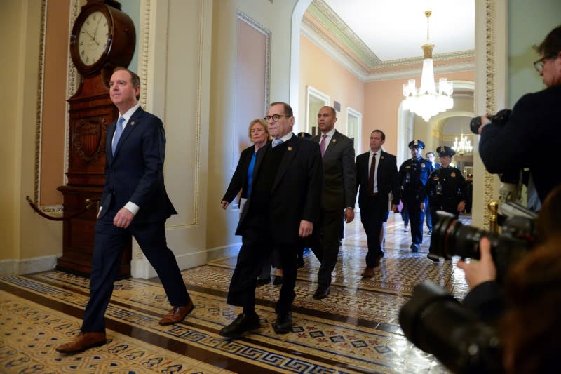 House Managers Rep. Adam Schiff (D-CA) and Rep. Jerry Nadler (D-NY) walk to the Senate Floor for the start of the Senate impeachment trial of U.S. President Donald Trump in Washington