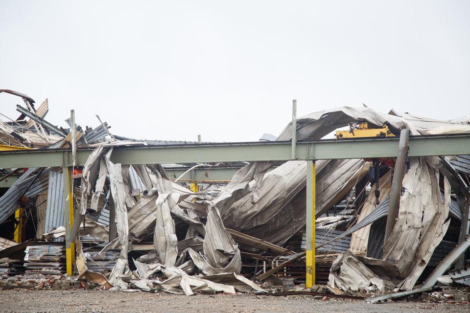 Several Vermeer manufacturing buildings were damaged beyond repair by a July 19, 2018, tornado. Here, one building is seen in the process of being torn down on Wednesday, Sept. 5, 2018 in Pella.