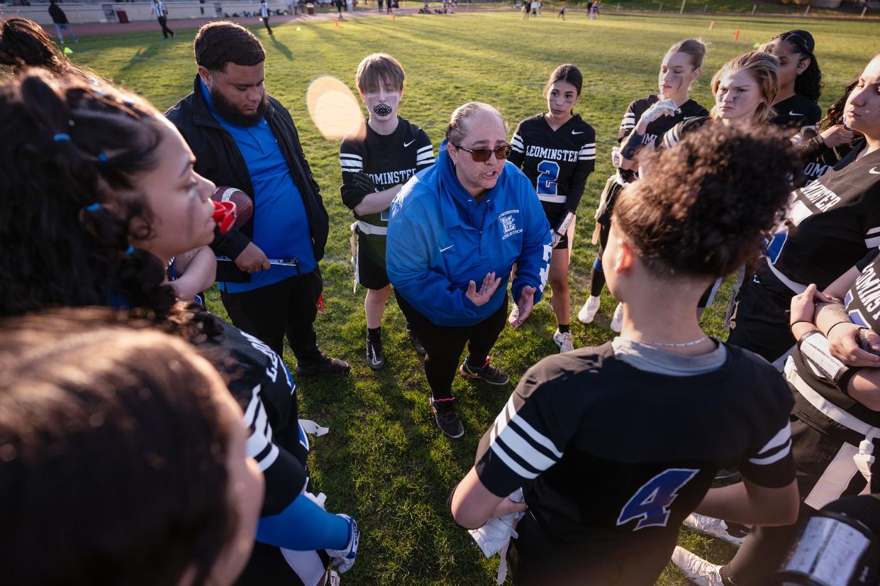 Leominster coach Becky Curley talks to her team after they defeated Fitchburg on Thursday at Crocker Field.