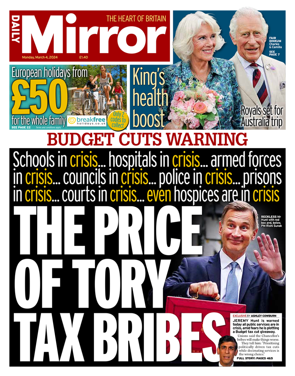 The headline in the Mirror reads: "The price of Tory tax bribes".