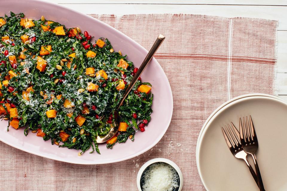 Kale Salad with Butternut Squash, Pomegranate, and Pumpkin Seeds