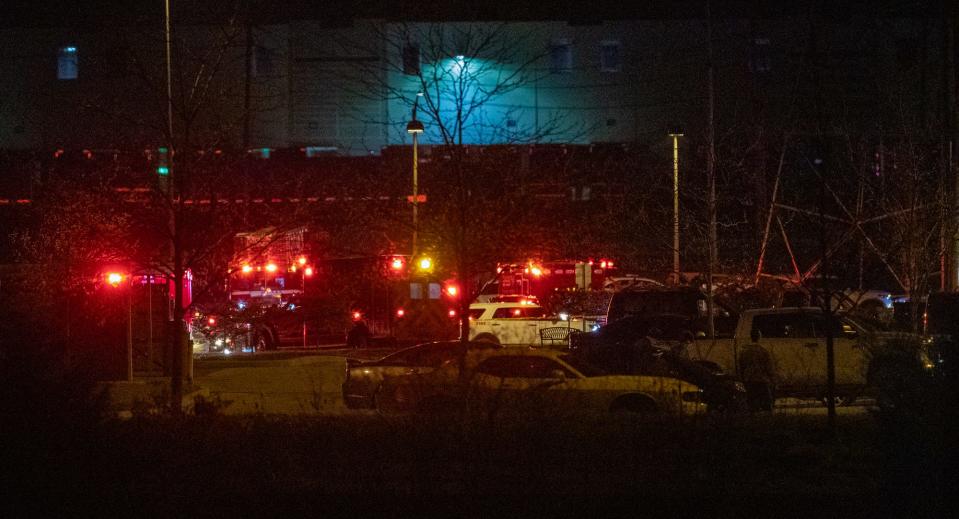 The scene outside a FedEx facility in Indianapolis on April 15, 2021. A shooter killed eight workers before taking his own life.