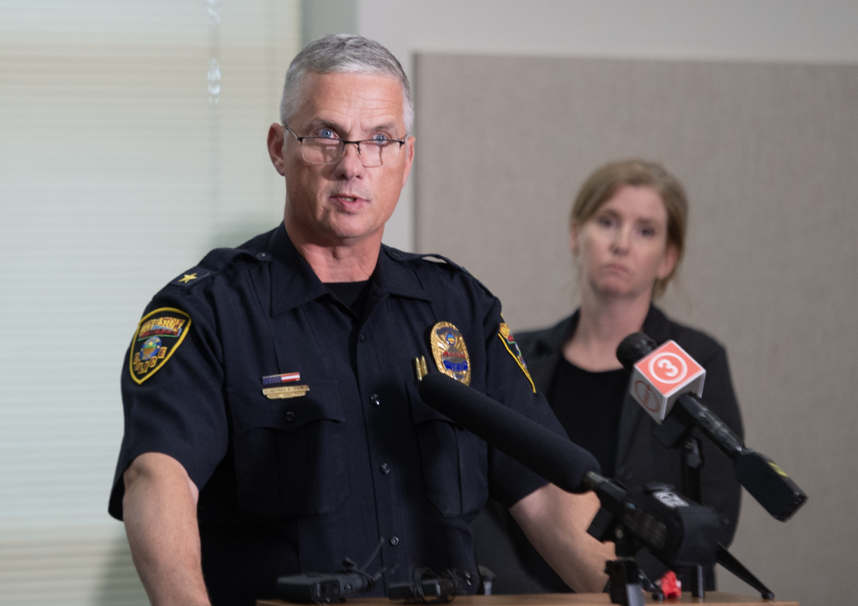 Stow Police Chief Jeffrey Film answers media questions at a Thursday press conference about the murder-suicide in the Stow Taco Bell's drive-thru the night before.