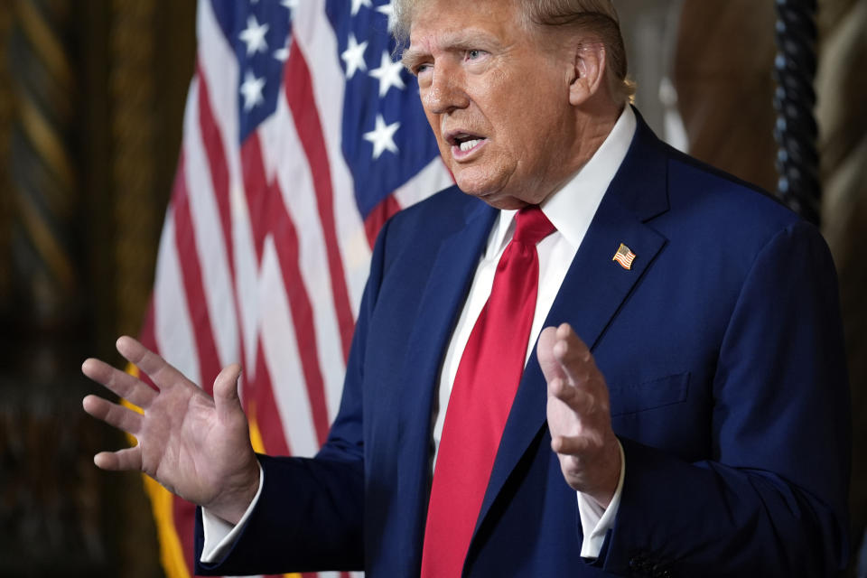 Republican presidential candidate former President Donald Trump speaks at his Mar-a-Lago estate, Monday, March 4, 2024, in Palm Beach, Fla. The Supreme Court unanimously restored Trump to 2024 presidential primary ballots, rejecting state attempts to ban him over the Capitol riot. (AP Photo/Rebecca Blackwell)