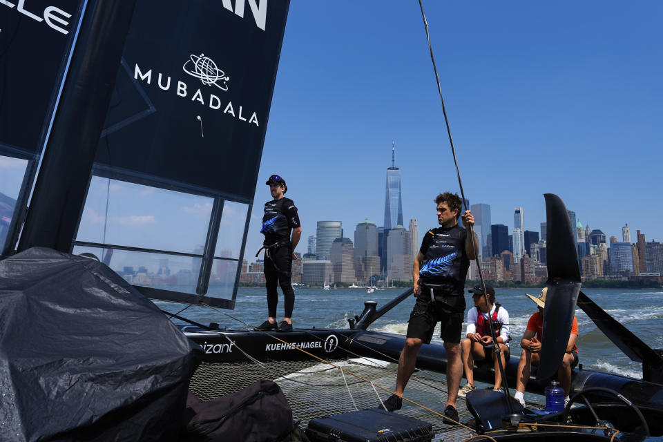 Members of the New Zealand SailGP Team man their catamaran ahead of the New York Sail Grand Prix, Friday, June 21, 2024, in New York. (AP Photo/Julia Nikhinson)