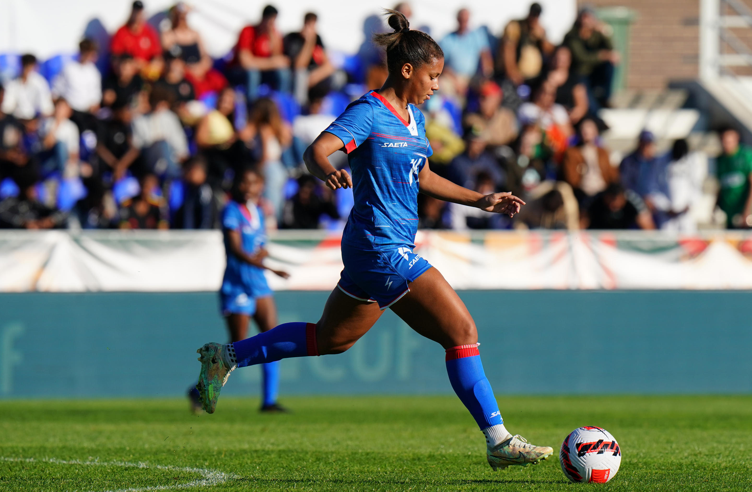 ALMADA, PORTUGAL - NOVEMBER 11: Claire Constant of Haiti in action during the Women's International Friendly match between Portugal and Haiti at Estadio Municipal Jose Martins Vieira on November 11, 2022 in Almada, Portugal.  (Photo by Gualter Fatia/Getty Images)