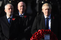 Jeremy Corbyn and Boris Johnson took a break from election campaigning to remember those who lost their lives in conflict (Picture: PA)