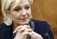 French far-right presidential candidate Marine Le Pen, left, listens to Vyacheslav Volodin during their meeting in the Lower House of the Russian Parliament in Moscow, Russia, Friday, March 24, 2017. (Anna Isakova /Photo service of the State Duma Pool Photo via AP)