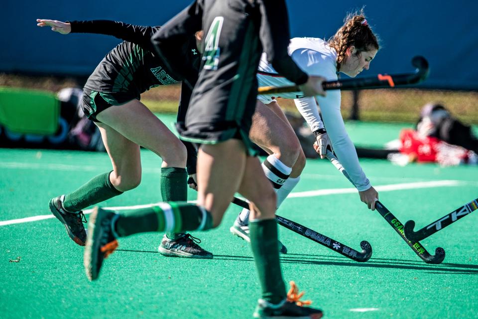 Delmar High School senior Josie Hollamon (12) controls the ball against Archmere Academy during the DIAA Field Hockey championship Division II game at the University of Delaware’s Rullo Stadium in Newark, Saturday, Nov. 19, 2022. Delmar won 7-1.