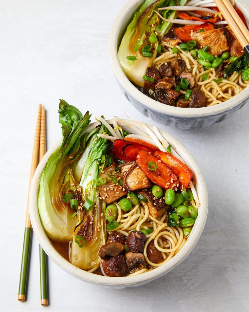 <p>This completely vegan version uses layers of umami-packed flavor to mimic the depth complexity of <a href="https://www.delish.com/cooking/recipe-ideas/a26258249/homemade-ramen-recipe/" rel="nofollow noopener" target="_blank" data-ylk="slk:traditional ramen;elm:context_link;itc:0;sec:content-canvas" class="link ">traditional ramen</a>, and edamame for a protein boost. Feel free to swap in some of your favorite veggies, but don't skip the salty soy sauce balanced with sweet, tangy mirin. It helps round out this warm earthy, slurp-worthy noodle bowl.</p><p>Get the <strong><a href="https://www.delish.com/cooking/recipe-ideas/a35131769/vegan-ramen/" rel="nofollow noopener" target="_blank" data-ylk="slk:Vegan Ramen recipe;elm:context_link;itc:0;sec:content-canvas" class="link ">Vegan Ramen recipe</a>.</strong></p>