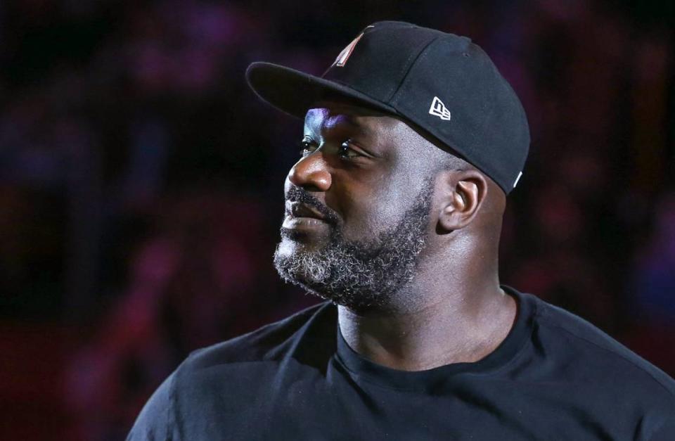 Former Miami Heat player Shaquille O’Neal visits the Heat during a game against the Philadelphia 76ers at FTX Arena in Miami on Saturday, January 15, 2022. 
