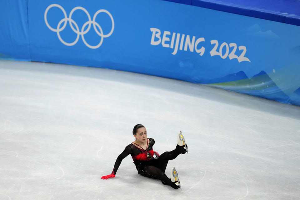 Kamila Valieva, of the Russian Olympic Committee, falls in the women's free skate program during the figure skating competition at the 2022 Winter Olympics, Thursday, Feb. 17, 2022, in Beijing. (AP Photo/Natacha Pisarenko)