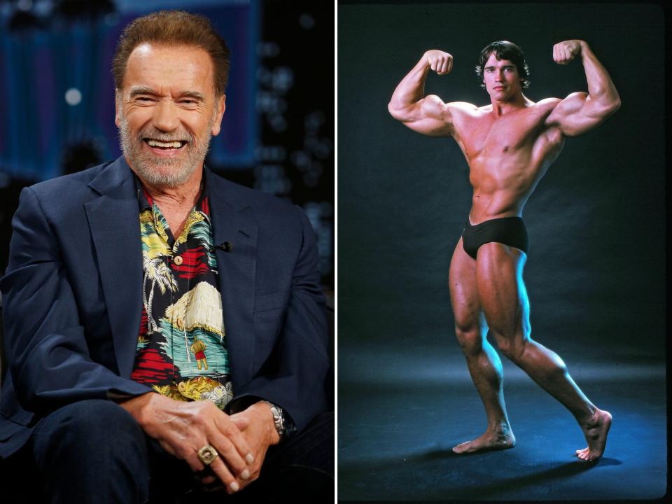 Arnold Schwarzenegger pictured on a chat show in 2022, and as a bodybuilder in 1976.