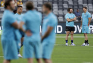 Argentina's Pablo Matera, right, and Julian Montoya talk on the field prior to their Tri-Nations rugby union match against Australia in Sydney, Australia, Saturday, Dec. 5, 2020. (AP Photo/Rick Rycroft)