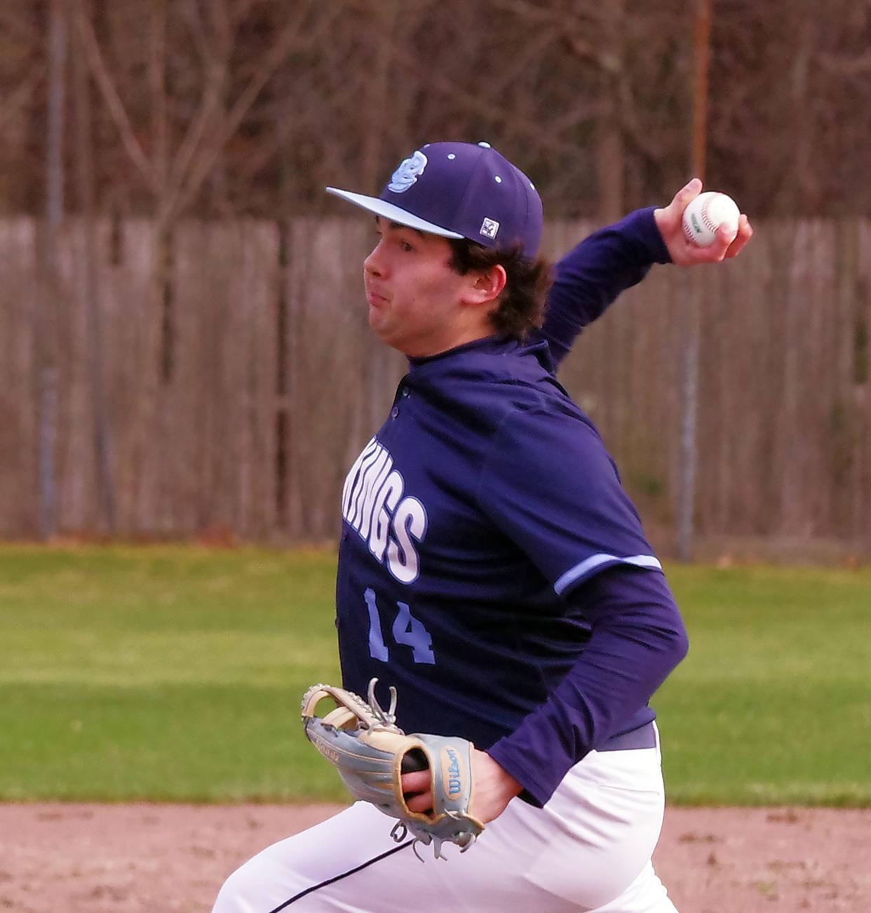 East Bridgewater starting pitcher Jaden Lovell pitched shut out ball against Middleboro before being relieved late in the game on Friday, April 5, 2024, which the Vikings won 3-0.