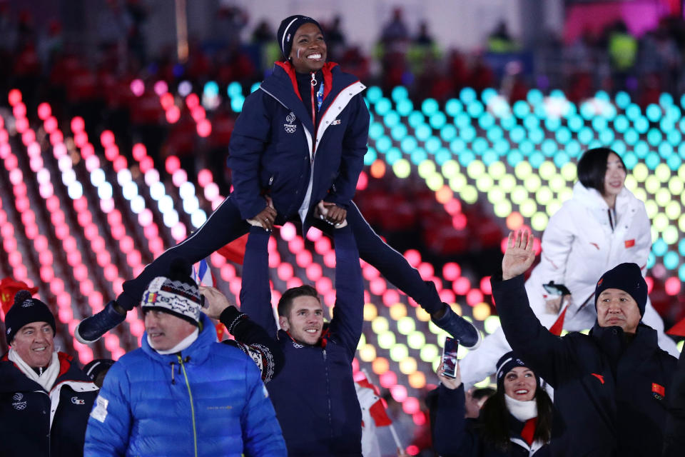 <p>Figure skaters Vanessa James and Morgan Cipres of France participate during the Parade of Athletes during the Closing Ceremony of the PyeongChang 2018 Winter Olympic Games at PyeongChang Olympic Stadium on February 25, 2018 in Pyeongchang-gun, South Korea. (Photo by Maddie Meyer/Getty Images) </p>