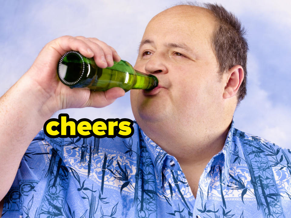 A man drinking a beer with text saying, "cheers"