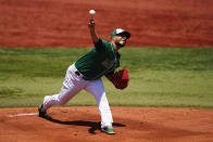 Mexico's Manuel Barrera pitches during a baseball game against Israel at Yokohama Baseball Stadium during the 2020 Summer Olympics, Sunday, Aug. 1, 2021, in Yokohama, Japan. (AP Photo/Matt Slocum)