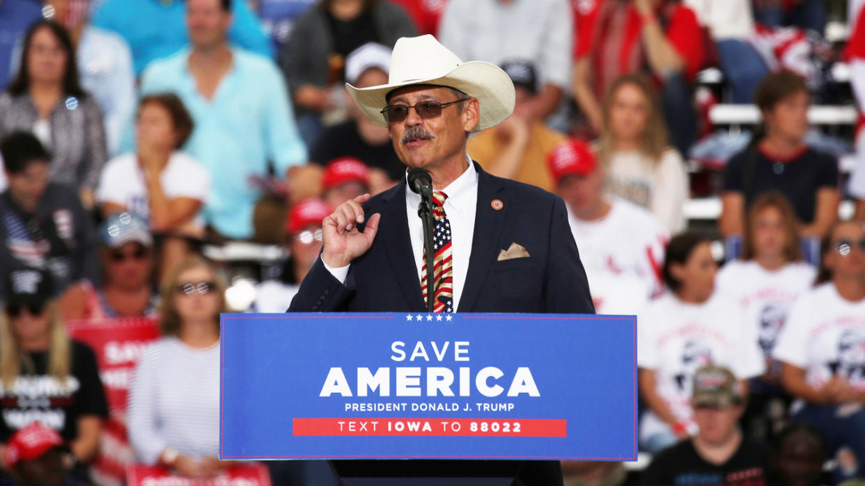 Arizona state representative Mark Finchem (R-AZ) speaks at a rally in Iowa State Fairgrounds, in Des Moines, Iowa, U.S., October 9, 2021. (Rachel Mummey/Reuters)