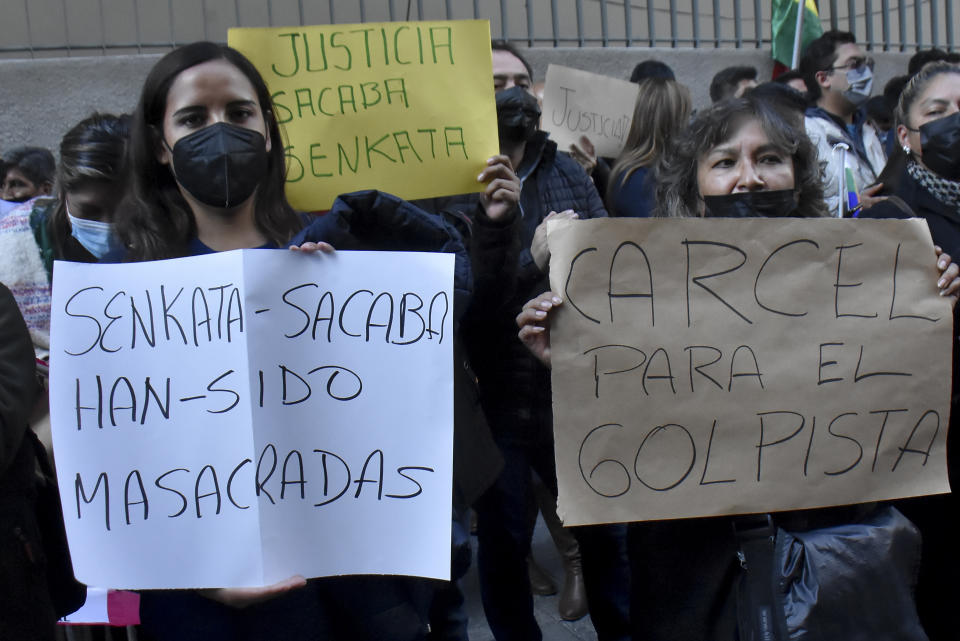 People protest against Luis Fernando Camacho, governor of Santa Cruz, in La Paz, Wednesday, Dec. 28, 2022. Police in Bolivia detained Luis Fernando Camacho, the country’s main opposition leader who is also the governor of the Santa Cruz region, in a dramatic action that is bound to increase political tensions and could lead to renewed social unrest. (AP Photo/Jose Lavayen)