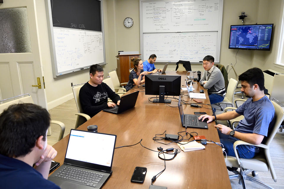 Civil engineering professor Lauren Gardner and her team work to maintain the COVID-19 dashboard, built by Gardner's team at the Center for Systems Science and Engineering (CSSE) at Johns Hopkins University.<span class="copyright">Will Kirk—Johns Hopkins University</span>