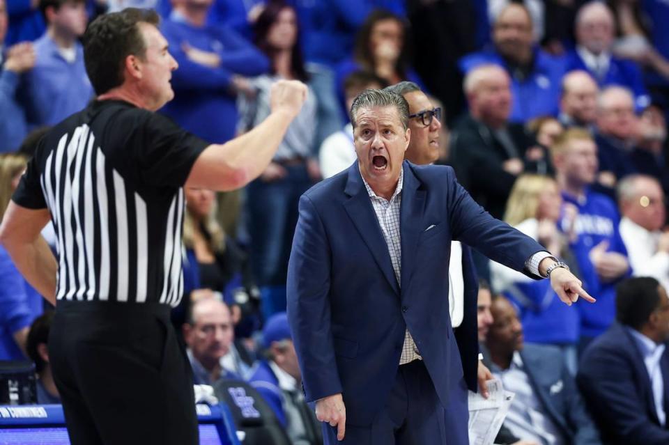 Kentucky head coach John Calipari calls to a referee after a call goes against UK during Saturday’s game against Tennessee at Rupp Arena.