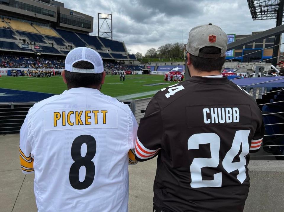 Pittsburgh Steelers and Cleveland Browns attire was a common sight at Sunday's USFL regular season opener at Tom Benson Hall of Fame Stadium in Canton.