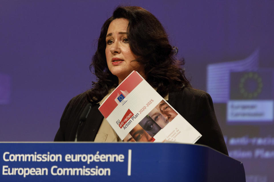 European Commissioner for Equality Helena Dalli participates in a media conference on the EU anti-racism Action Plan at EU headquarters in Brussels, Friday, Sept. 18, 2020. (AP Photo/Olivier Matthys, Pool)