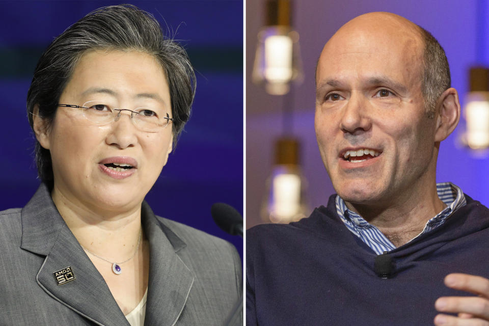 This combination photo shows the highest paid female and male CEOs of 2021, from left, Lisa Su of Advanced Micro Devices and Peter Kern of Expedia Group. (AP Photo)