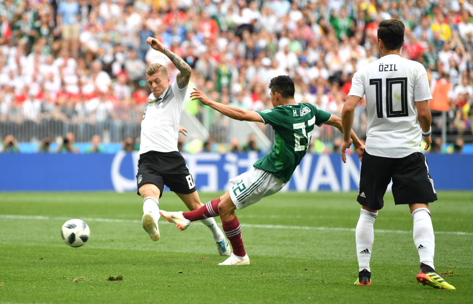 <p>Hirving Lozano of Mexico scores his team’s first goal during the 2018 FIFA World Cup Russia group F match between Germany and Mexico at Luzhniki Stadium on June 17, 2018 in Moscow, Russia. (Photo by Dan Mullan/Getty Images) </p>