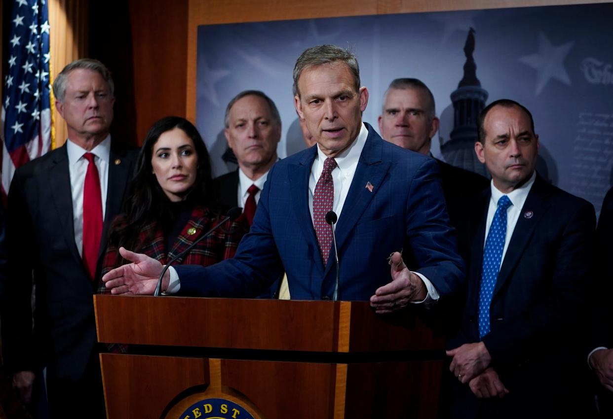 House Freedom Caucus Chair Rep. Scott Perry, R-Pa., speaking from the podium during a press conference hosted by Senator Rick Scott and Senators Mike Braun, Mike Lee, Ron Johnson and Roger Marshall, along with members of the House Freedom Caucus highlighting the need to demand and secure fiscal sanity and border security in the upcoming supplemental and forthcoming appropriations bills.