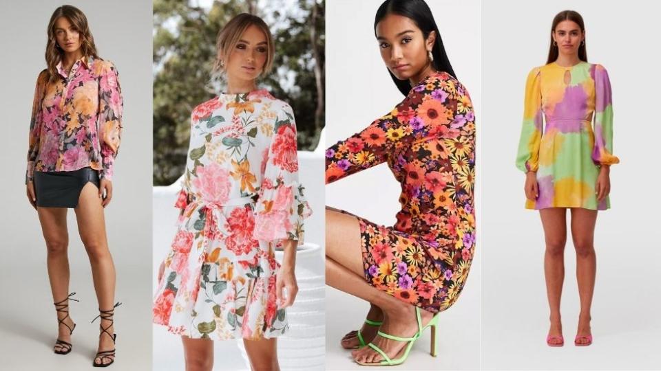 Four models wear outfits in bright colours, including floral print dresses and shirt.