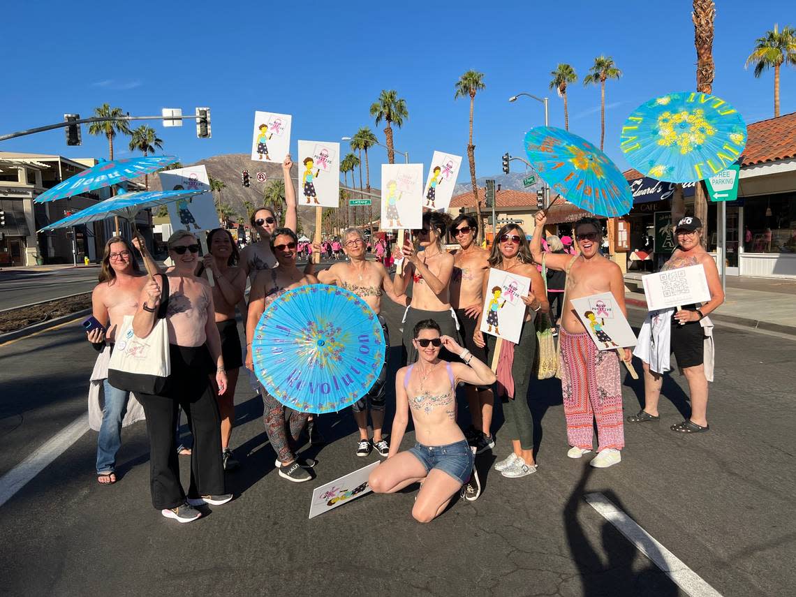 At a march last year in Palm Springs, California, Elizabeth Hotaling and other women who walked shirtless stopped to dance to “This is Me,” a sort of fight song about people not being accepted by society that is part of “The Greatest Showman” soundtrack.