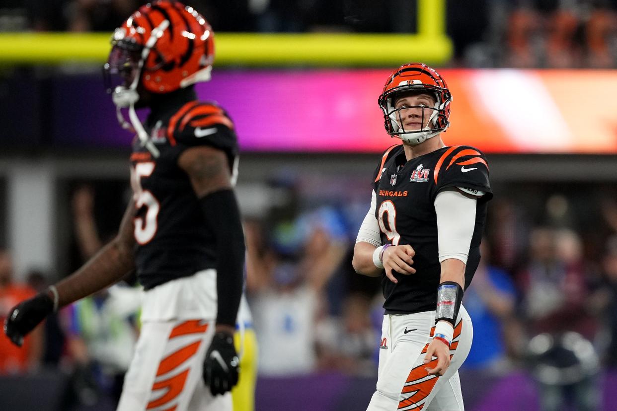 Joe Burrow (left) and the Bengals didn't come this far just to come this far. But despite the loss in Super Bowl LVI, they vowed to cherish the accomplishments of this season, too. (Kareem Elgazzar-USA TODAY Sports)