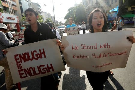 Students take part in a rally demanding peace at the war-torn Kachin State in Yangon, Myanmar May 6, 2018. REUTERS/Ann Wang