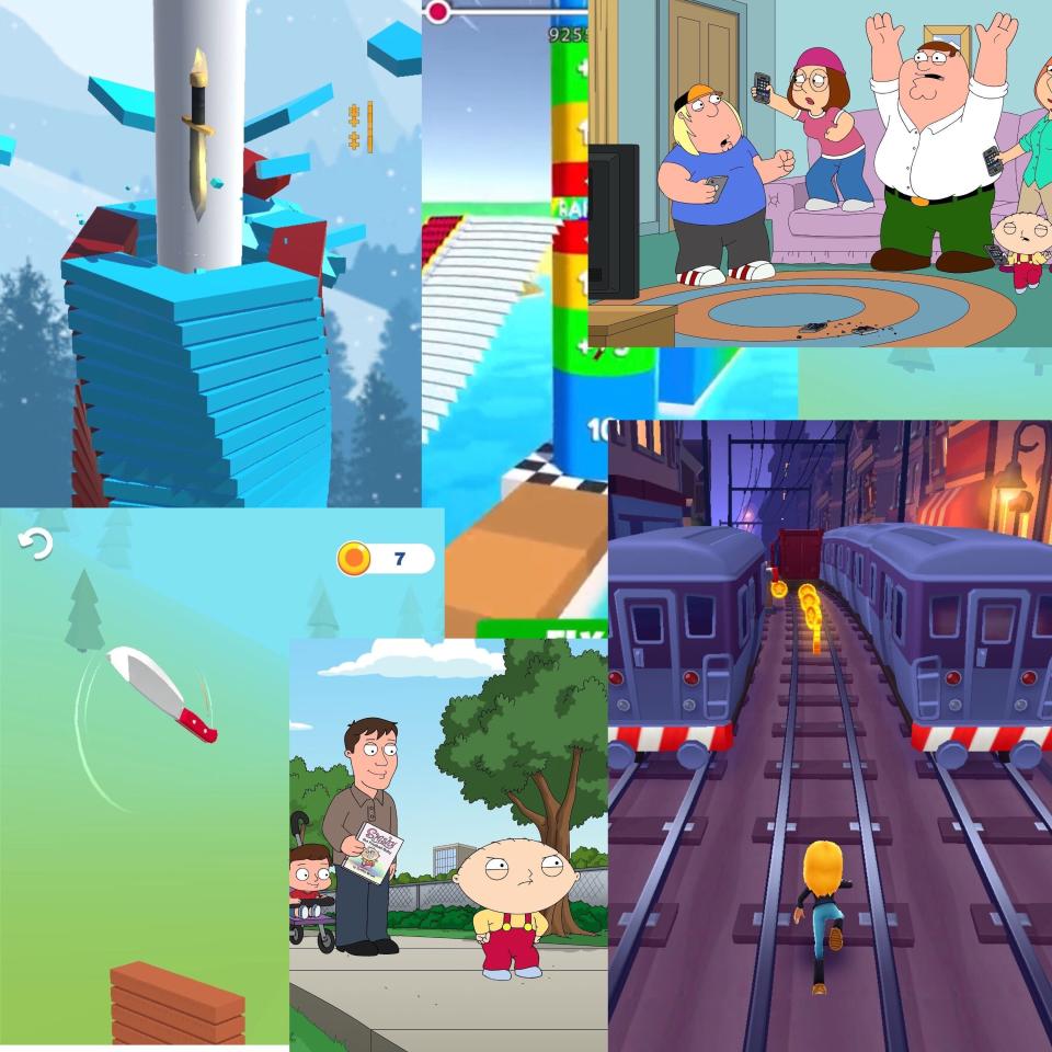 Overlapping screenshots of various smartphone games and family guy