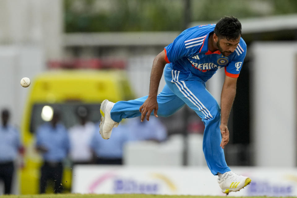 India's Shardul Thakur fields from his own bowling against West Indies during the second ODI cricket match at Kensington Oval in Bridgetown, Barbados, Saturday, July 29, 2023. (AP Photo/Ricardo Mazalan)