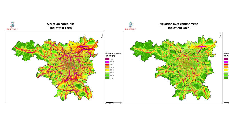 Gráfico proporcionado por BruitParif el jueves 26 de marzo de 2020 de la medición de contaminación auditiva antes y después de la cuarentena impuesta por el brote del coronavirus. (BruitParis vía AP)