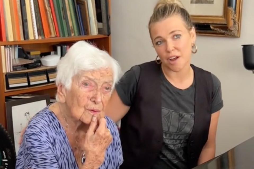 <p>Rachel Platten/TikTok</p> Gloria Mikialian, who just turned 100, singing with friend Rachel Platten, 42