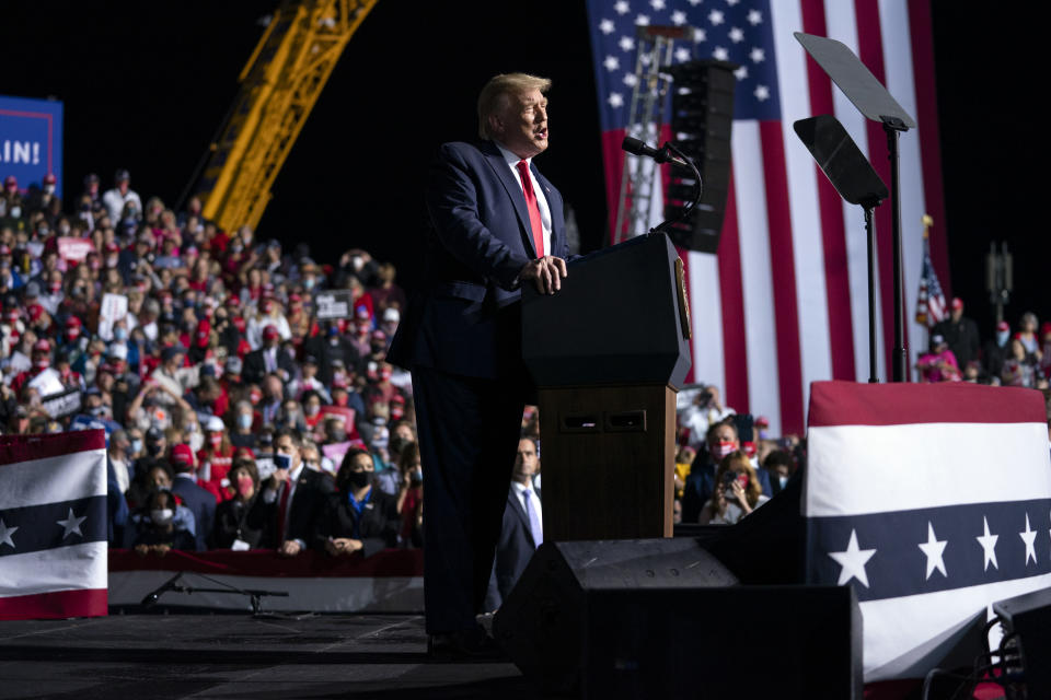 President Donald Trump speaks at a campaign rally, Friday, Sept. 25, 2020, in Newport News, Va. (AP Photo/Evan Vucci)