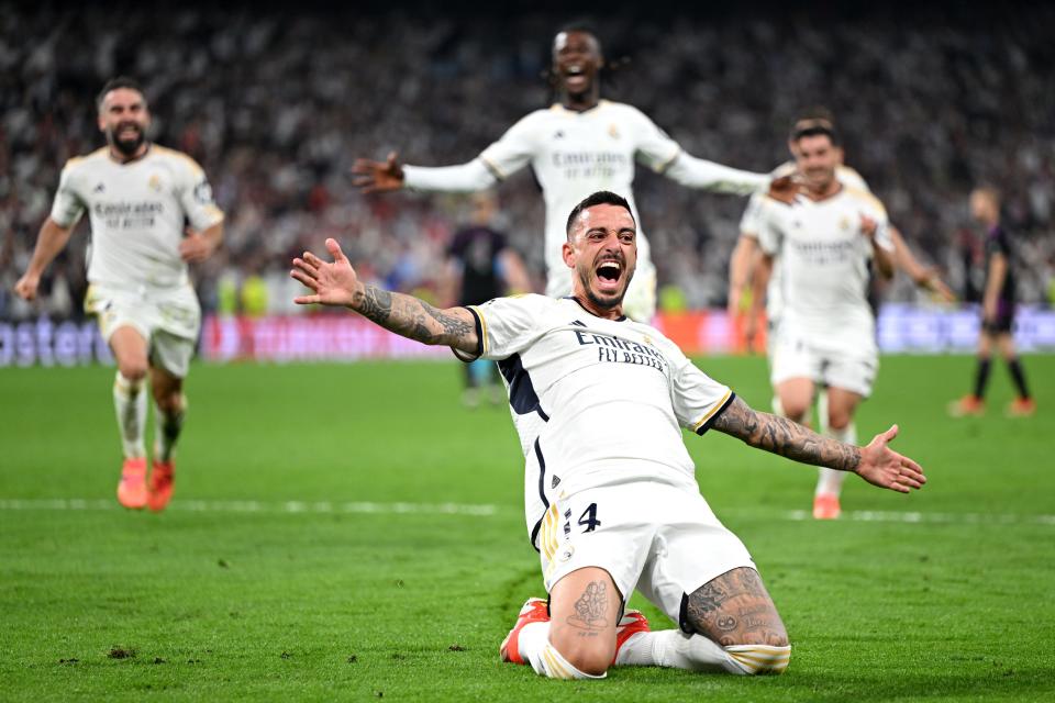 Real Madrid's Joselu celebrates scoring the go-ahead goal against Bayern Munich at Estadio Santiago Bernabeu on May 8, 2024.