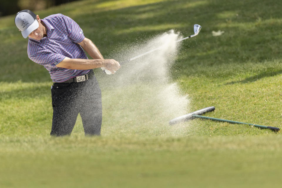 Steven Alker works out of a bunker on one during the final day at the Regions Tradition, a PGA Tour Champions golf event, Sunday, May 15, 2022, in Birmingham, Ala. (AP Photo/Vasha Hunt)