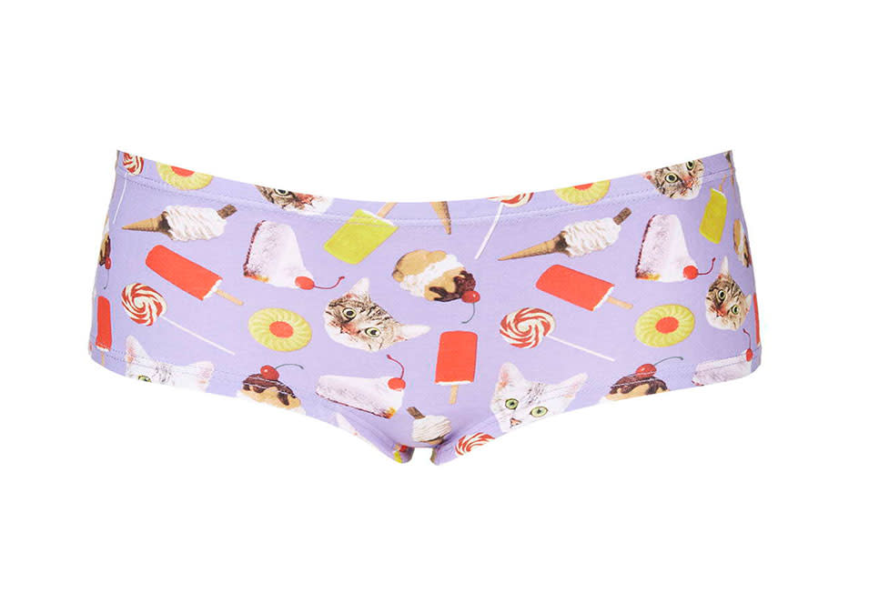 <p>Topshop Cats and Sweets Print Boypants, $8, <a rel="nofollow noopener" href="http://us.topshop.com/en/tsus/product/clothing-70483/lingerie-2313852/cats-and-sweets-boypant-4254311?bi=0&ps=200" target="_blank" data-ylk="slk:us.topshop.com;elm:context_link;itc:0;sec:content-canvas" class="link ">us.topshop.com</a></p>