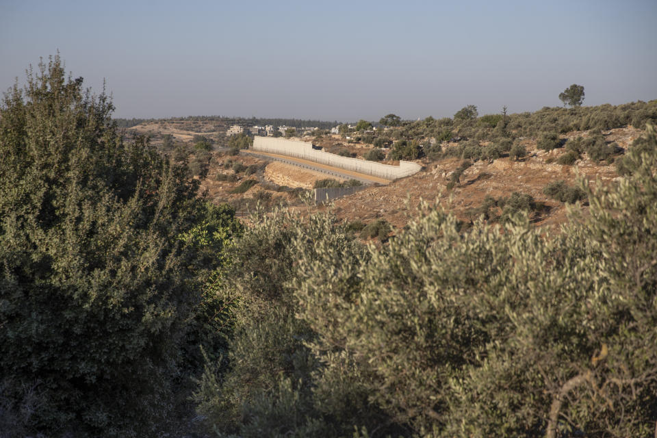 A section of Israel's separation barrier runs through shrubs in the West Bank village of Nilin, west of Ramallah, Sunday, Nov. 7, 2021. Nearly two decades after Israel sparked controversy worldwide by building the barrier during a Palestinian uprising, it has become a seemingly permanent feature of the landscape — even as Israel encourages its citizens to settle on both sides. (AP Photo/Nasser Nasser)