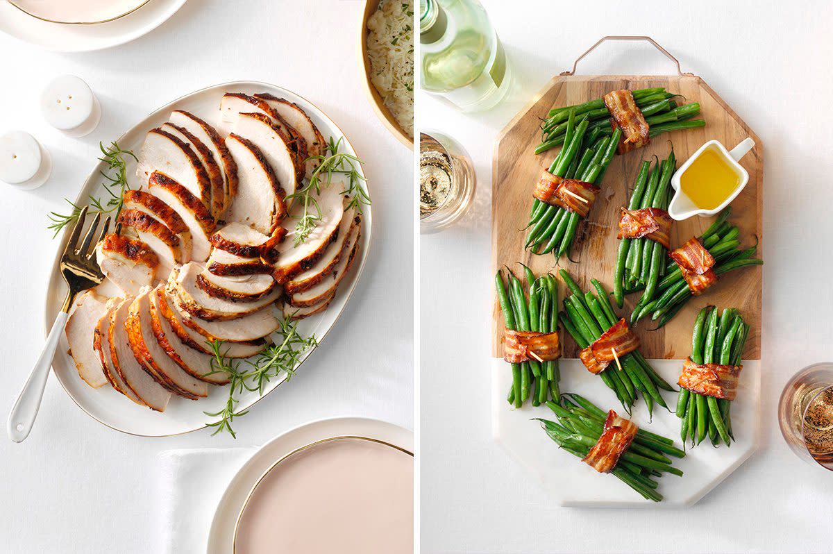 Image of simple Thanksgiving recipes: Turkey and green bean and bacon bundles.