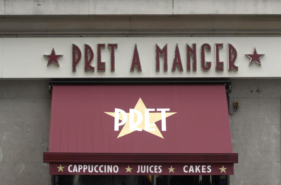 General view of a Pret a Manger store sign on Oxford Street in London.