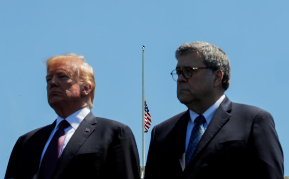 President Donald Trump and Attorney General William Barr attended the 38th Annual National Peace Officers Memorial Service in Washington on May 15, 2019. (Photo: Carlos Barria / Reuters)