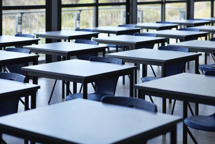 desks in an empty classroom