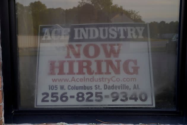 Signage is seen in front of the office of staffing agency ACE Industry Co., which was fined $5,050 by Alabama Department of Labor in April for placing an underage worker at a factory in Dadeville, Alabama.