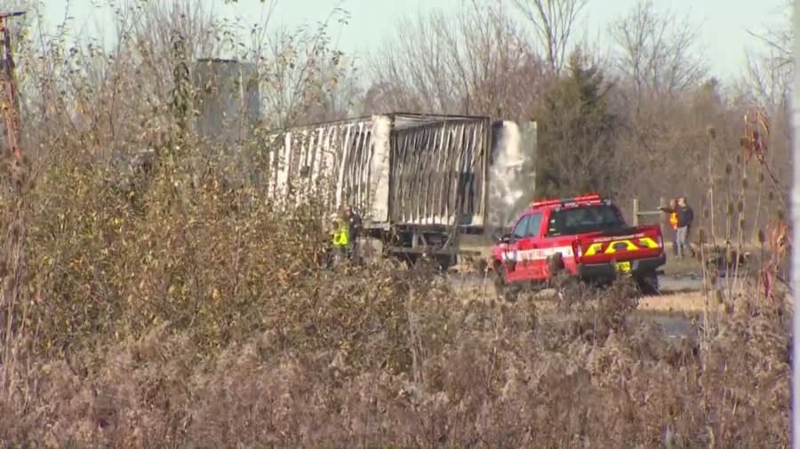 Emergency crews respond to a fiery crash on I-70 West involving a charter bus and a semi. (NBC4)/John Edwards)